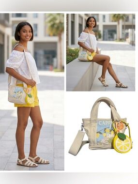 C&C California Mini bag Lemon Capri canvas with lemon coin pouch or wristlet NWT